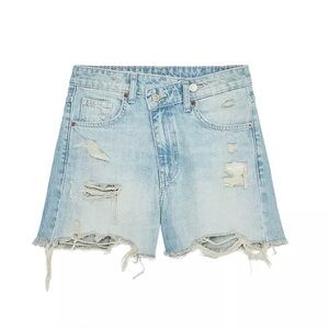 ZARA HIGH-RISE CROSS WAIST MON
FIT TRF DENIM SHORTS
Color: SKY BLUE  26 (US 2)